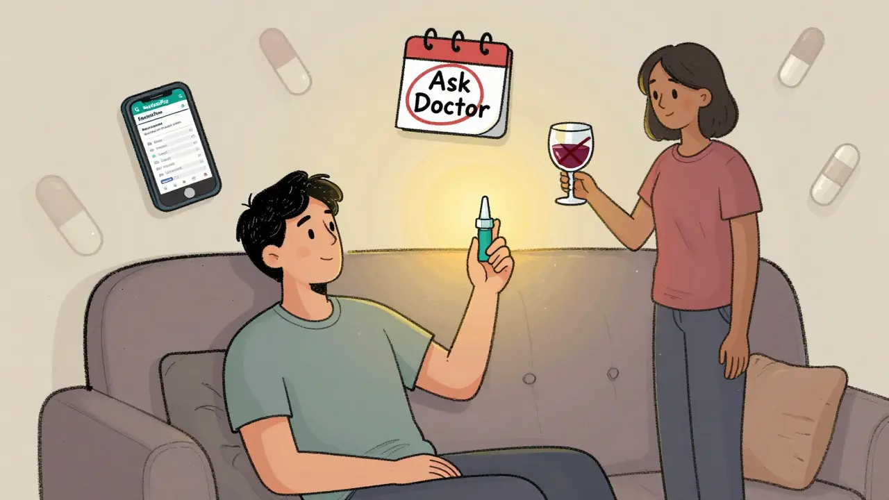 Person holding naloxone with helpful icons around them, representing safe medication practices.