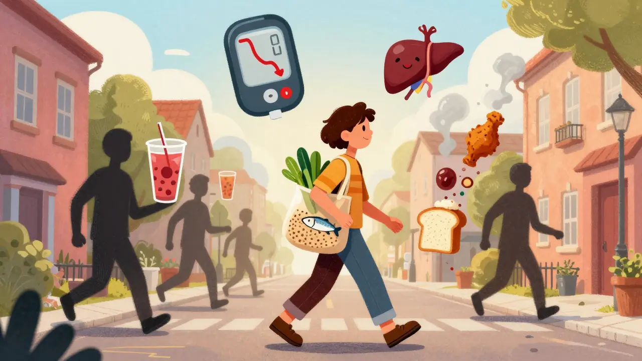 Person walking with healthy food, leaving sugary junk behind as blood sugar drops and organs heal.