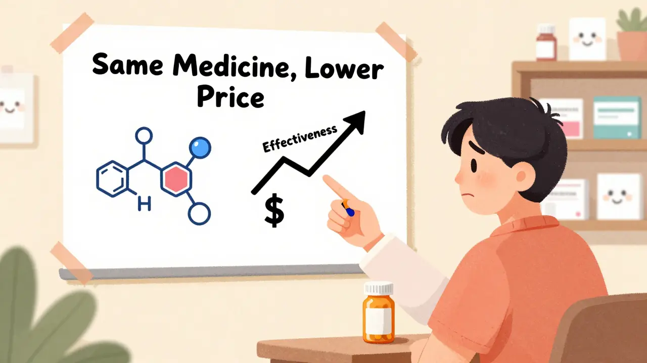 Pharmacist explaining generic medication to patient using a visual infographic about equivalence and cost savings.