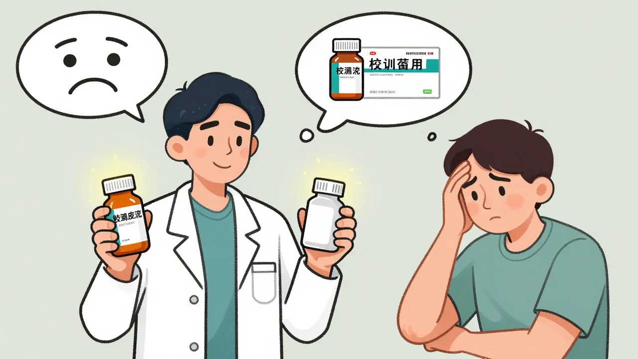 Pharmacist explaining to a patient the difference between brand and authorized generic pills using thought bubbles.