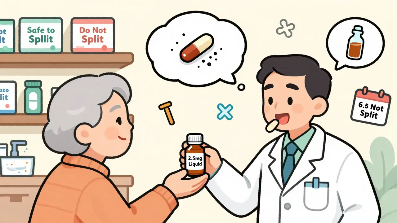 Pharmacist giving liquid medication to elderly patient instead of splitting pills.