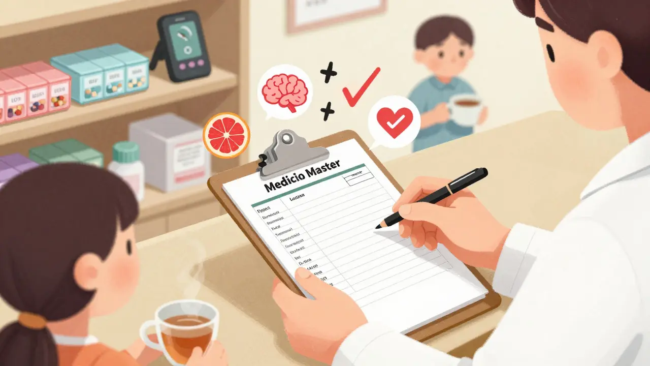 Pharmacist reviewing a medication list with warning icons and a family member nearby.