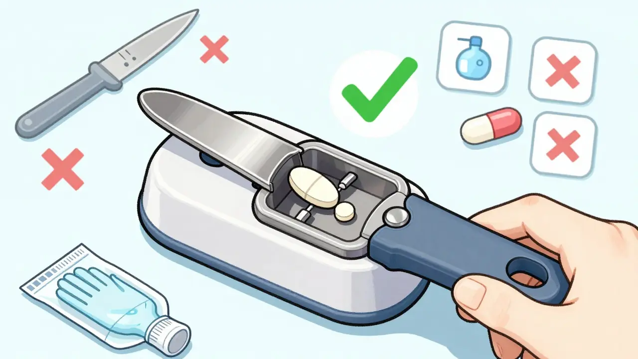 Precision pill splitter with sealed chamber safely splitting a tablet, gloves and wipes nearby.