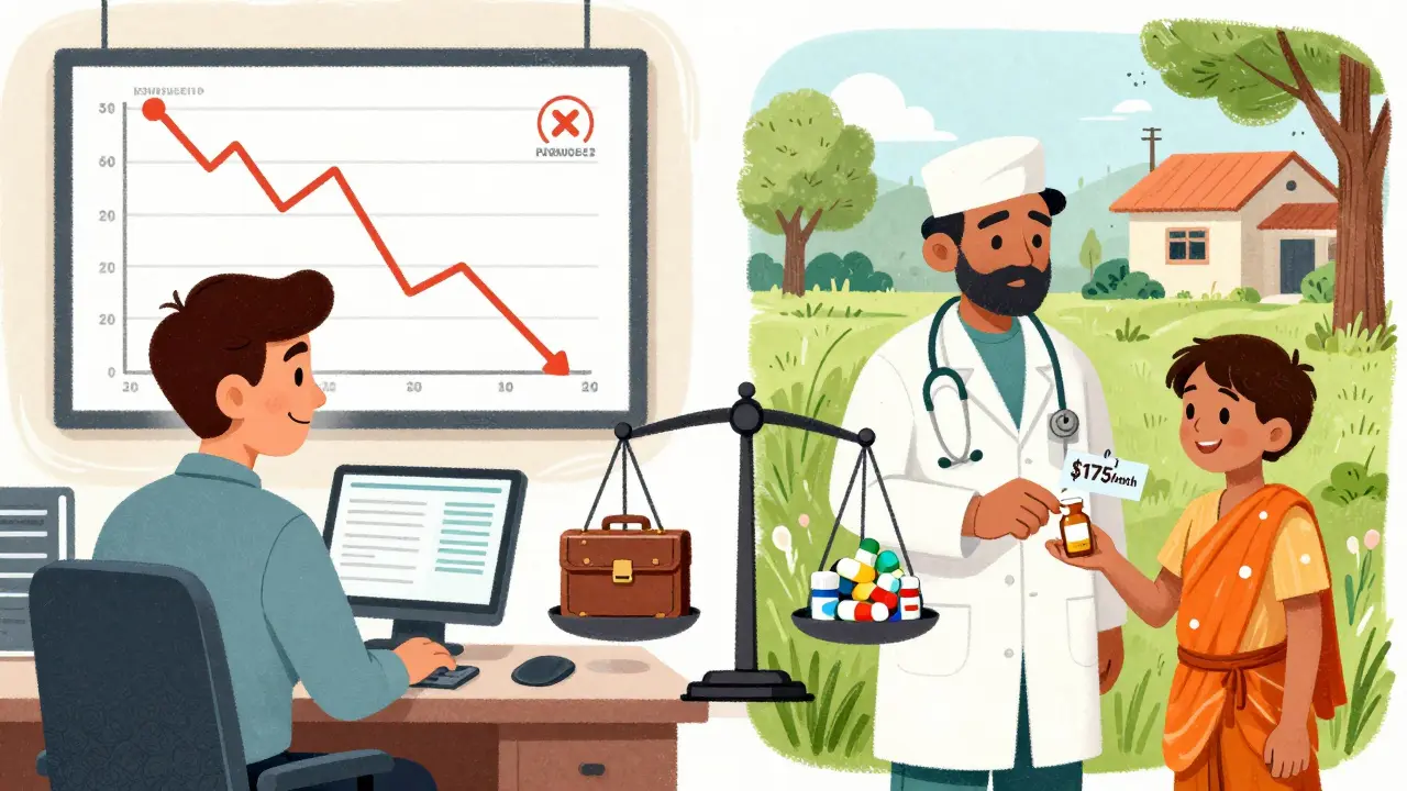 Split scene: corporate stock drop on left, child receiving cheap medicine on right, scale balancing money and pills.