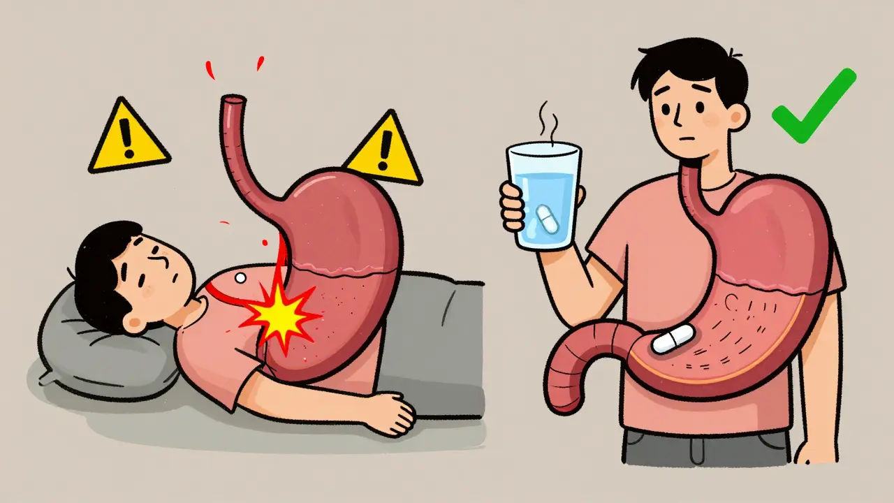 Split scene: person lying down with burning esophagus vs. standing with water, pill safely descending.