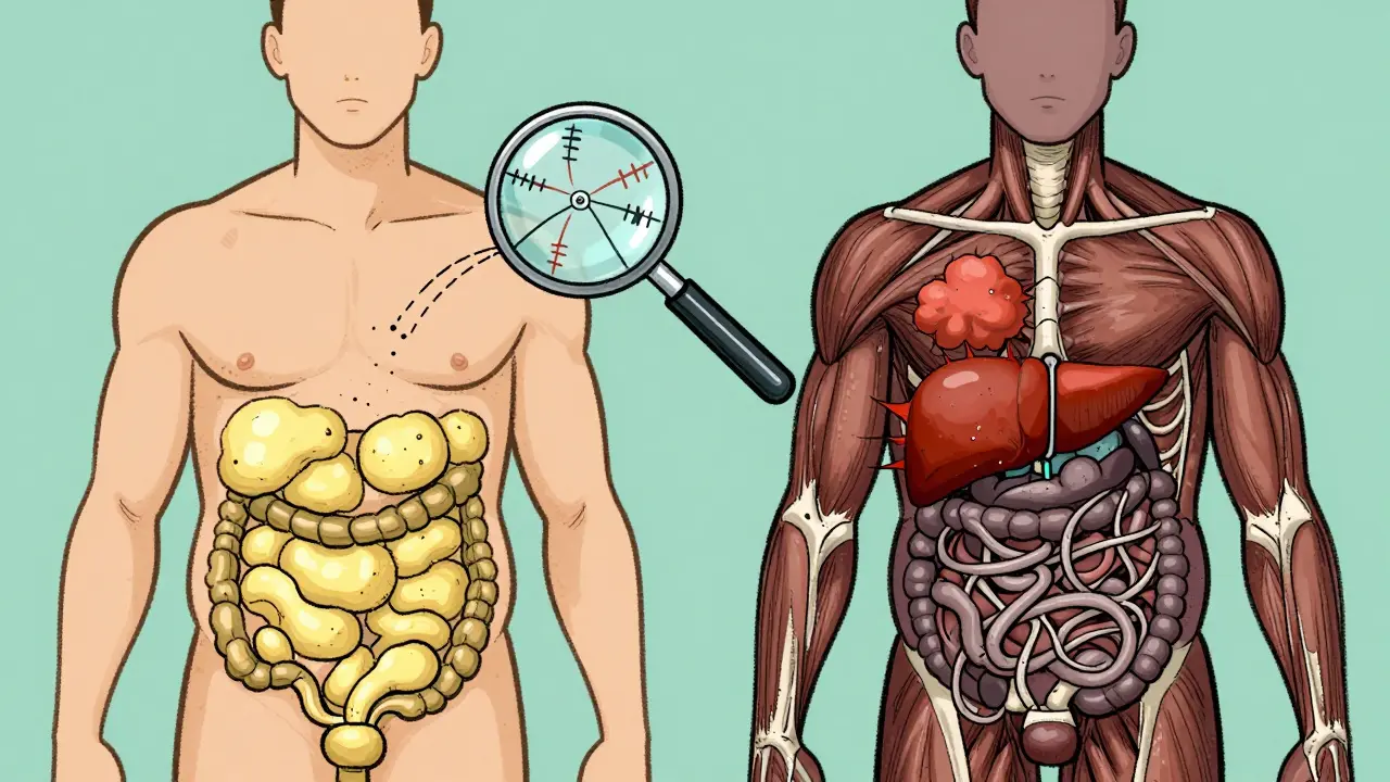 Two bodies with same weight but different fat distribution — one healthy, one with dangerous internal fat.