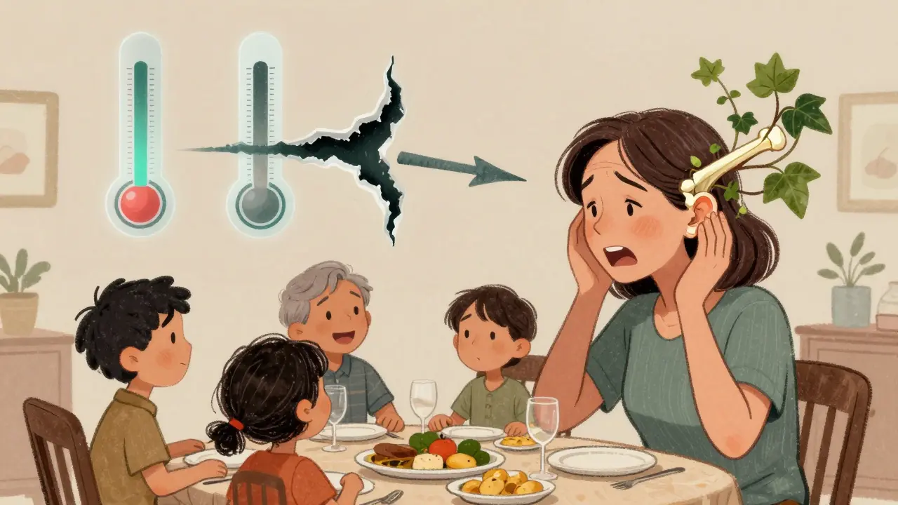 Woman at dinner with transparent ear showing abnormal bone growth and a gap between sound pathways.