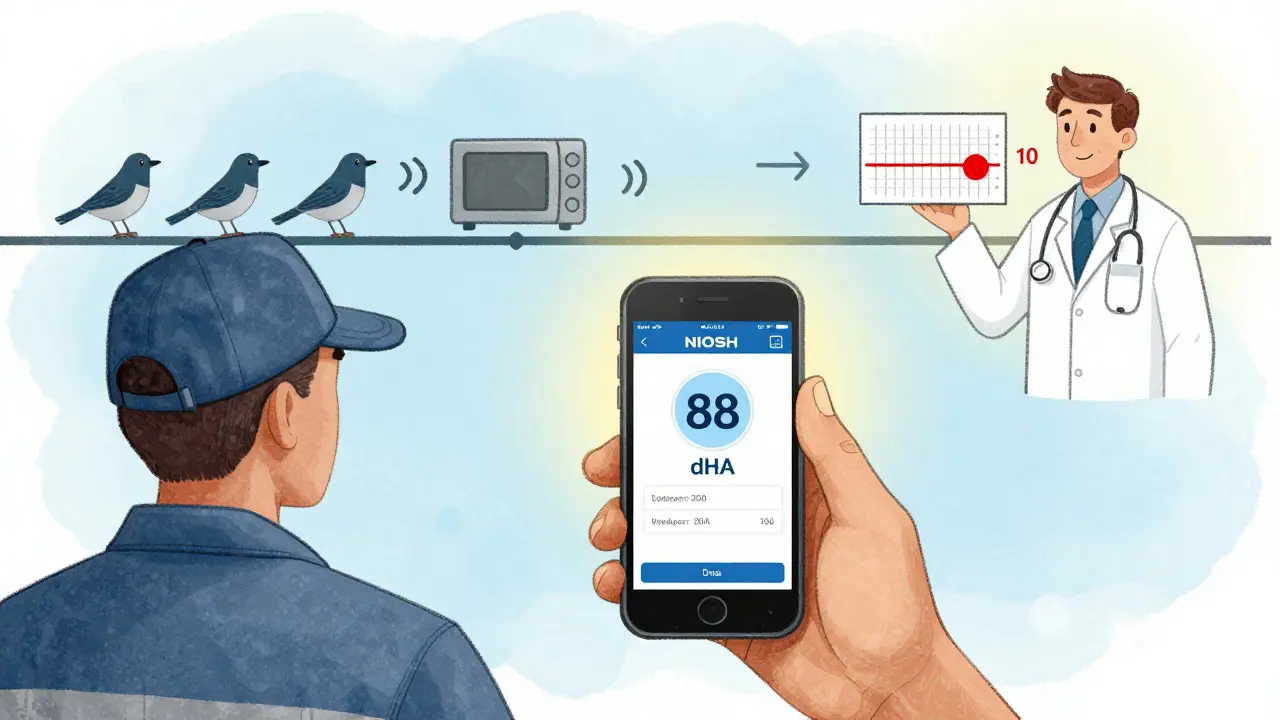 Worker checking noise level with phone app, timeline shows fading sounds and hearing loss