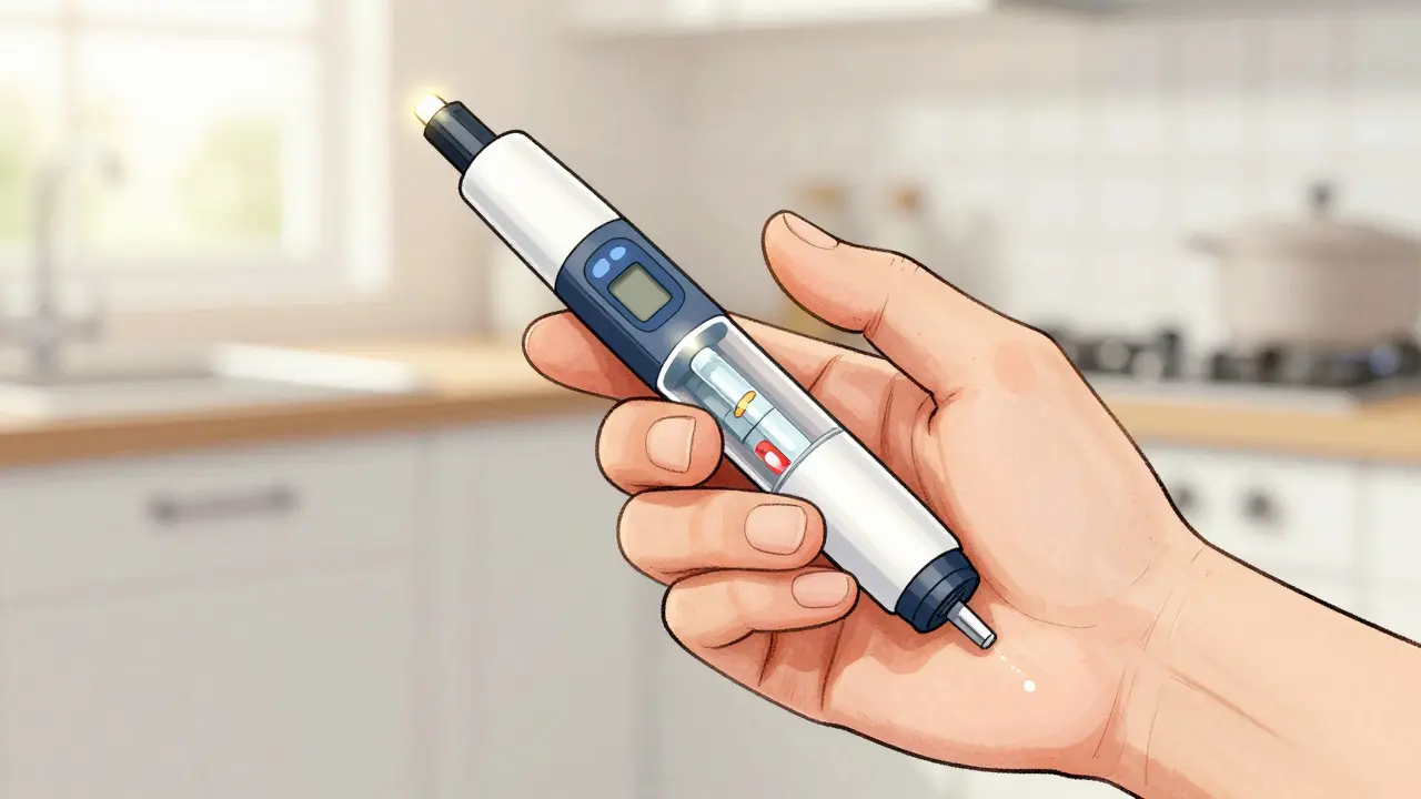 A person confidently using a generic insulin pen, with a transparent view showing the drug delivery system working inside.