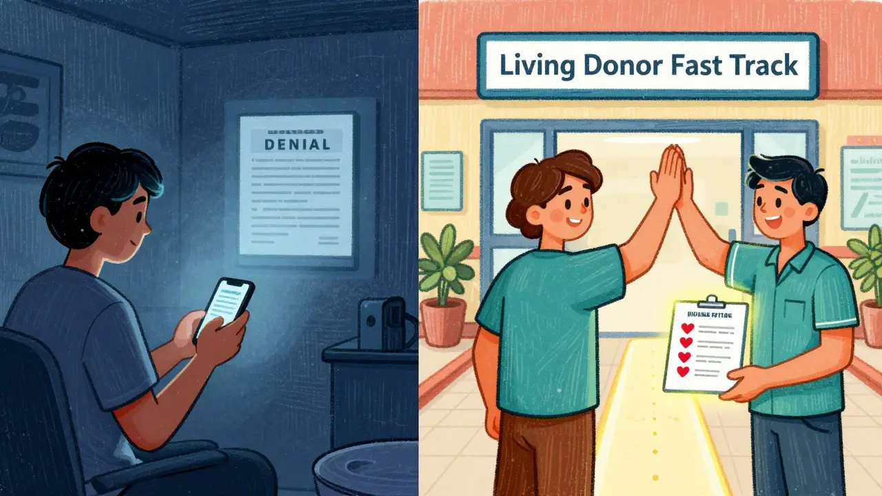 A person overcoming insurance denial with help from a coordinator and a living donor, symbolizing support and progress.