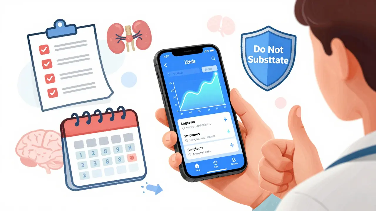 A person tracks medication and lab results on a smartphone app while safety elements glow around them.