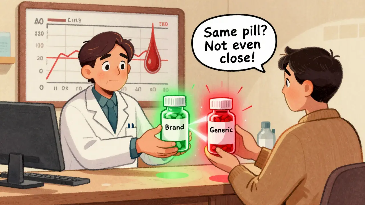 A pharmacist hands two identical-looking pill bottles—one safe, one dangerous—with a visual split showing blood level changes.