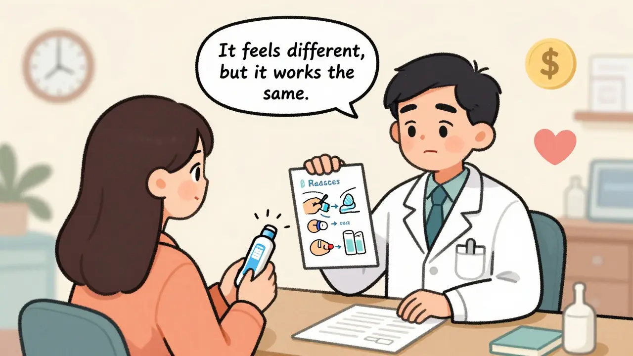 A pharmacist teaching a patient how to use a generic auto-injector with a visual guide, surrounded by icons of time, cost, and health.