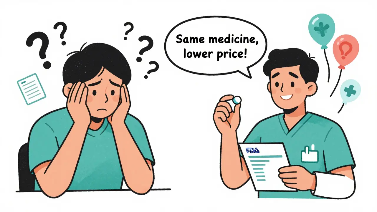 A split scene: one side shows worry, the other shows relief as a patient understands generics are just as effective.