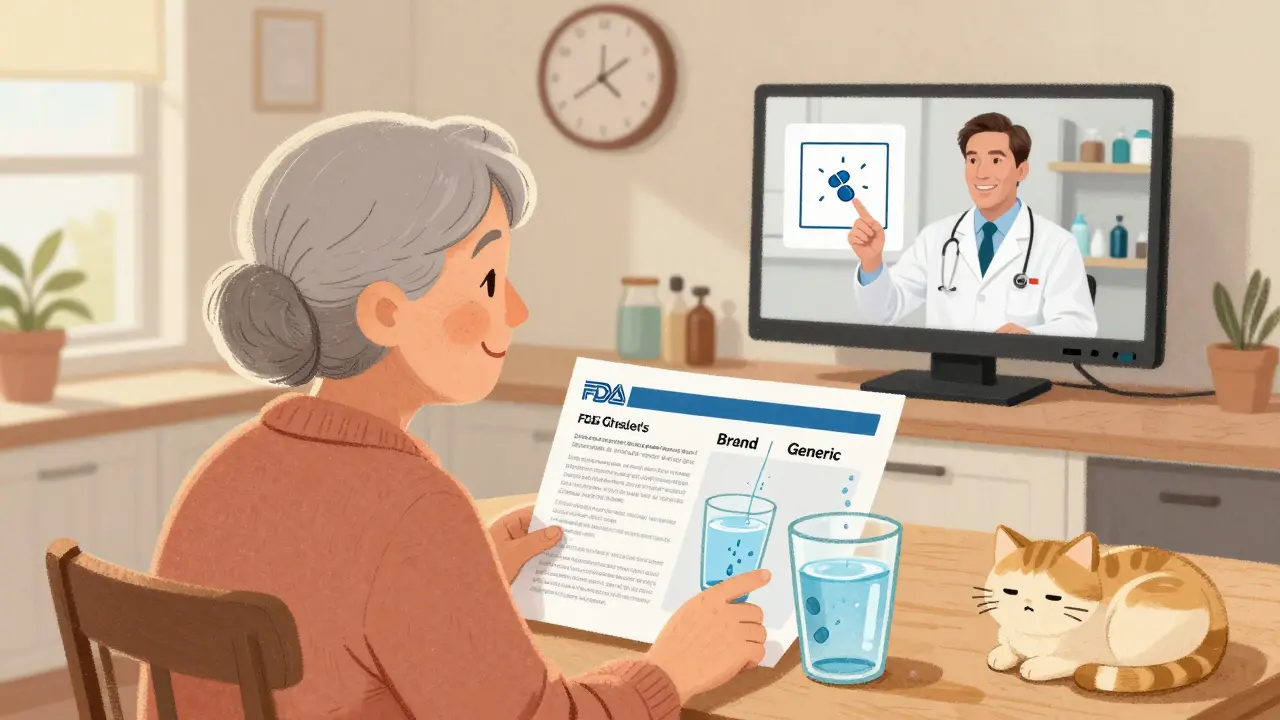 An elderly woman reviews a large-print FDA handout with a pharmacist on video call, showing identical pill absorption.