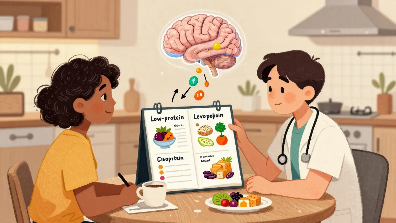Dietitian and patient planning meals with visual guide showing protein timing for Parkinson's.
