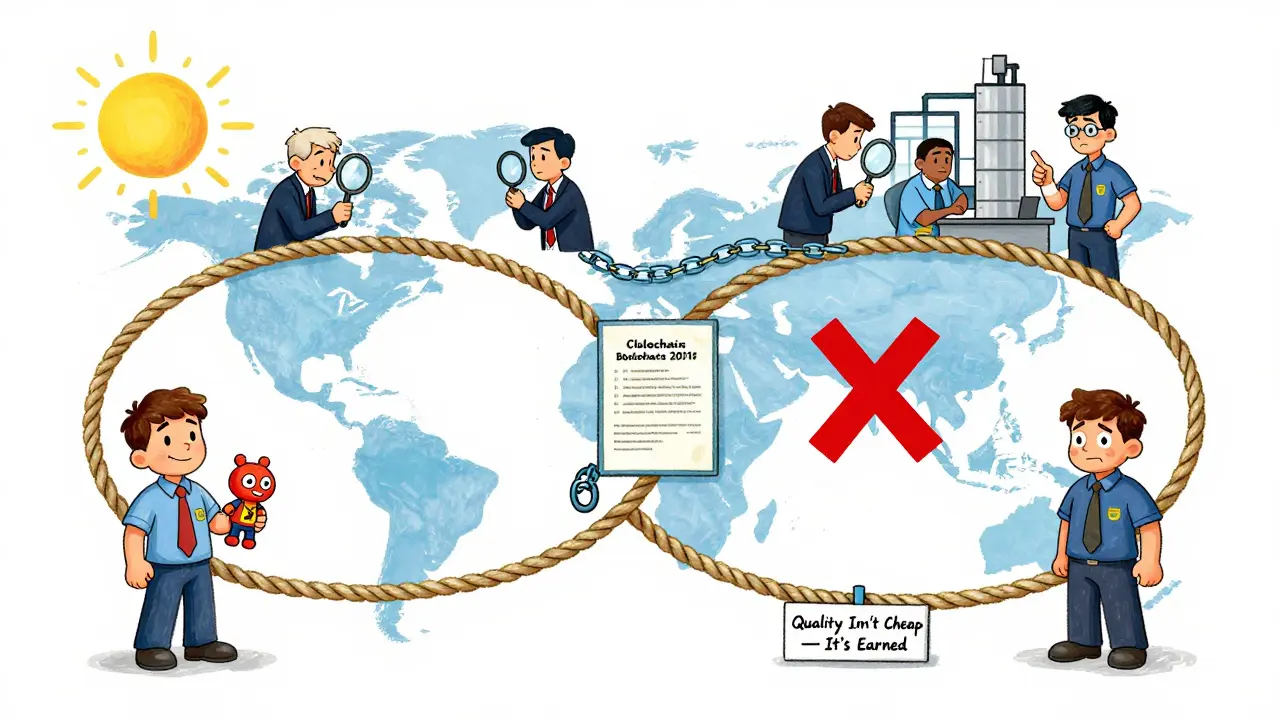 Global supply chain rope connecting a consumer to a factory, with inspectors, blockchain, and a red X over fake paperwork.