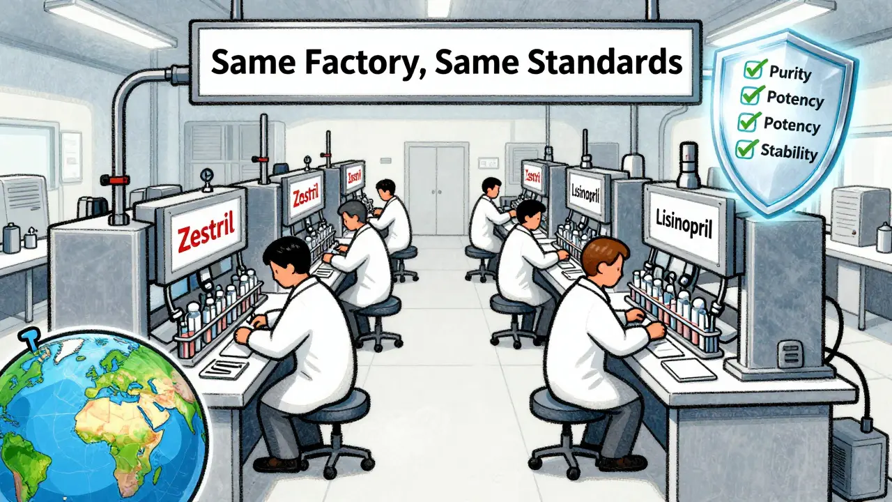 Identical factory production lines making brand and generic drugs, operated by the same workers under an FDA inspection badge.