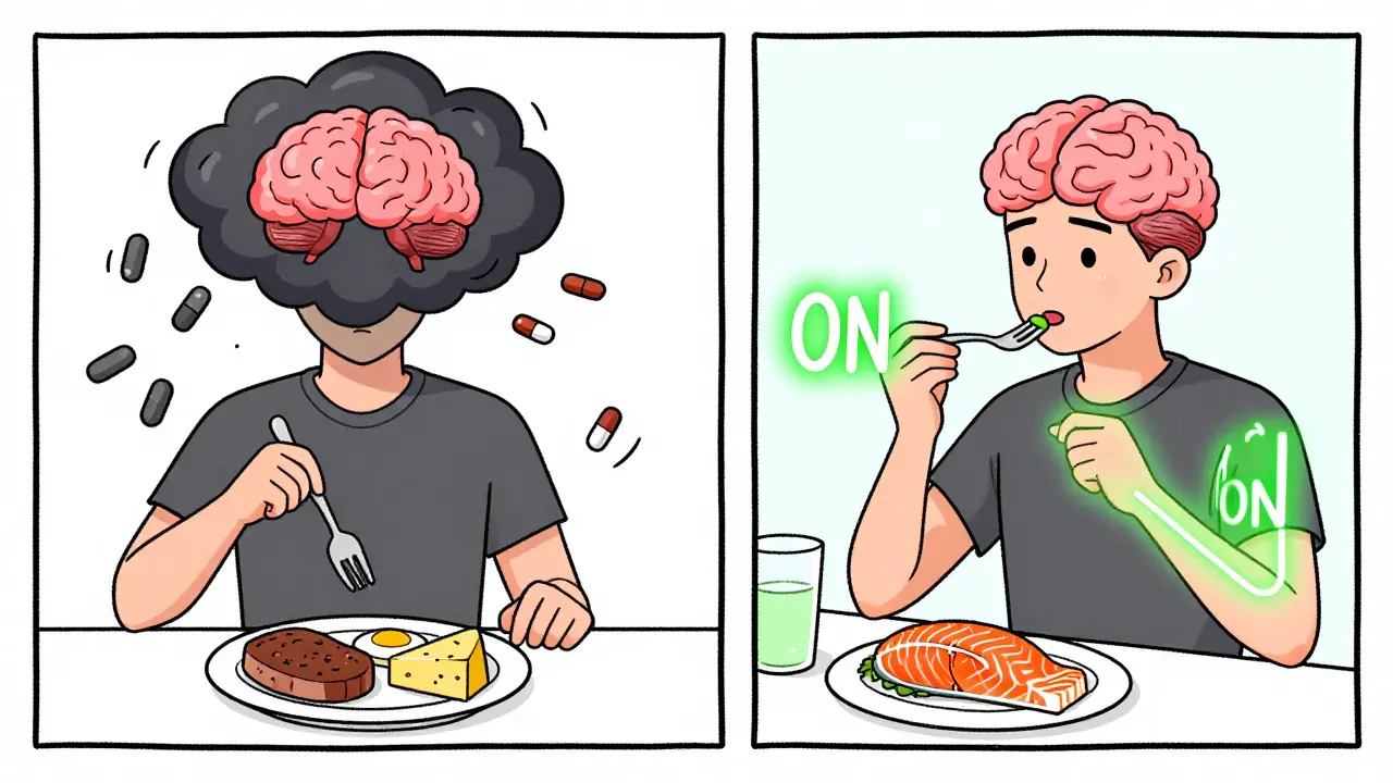 Split scene: high-protein meal blocking levodopa vs. evening meal allowing brain access.