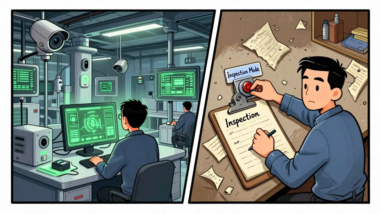 Split scene: high-tech AI factory on one side, chaotic workshop with hidden inspection switch on the other.