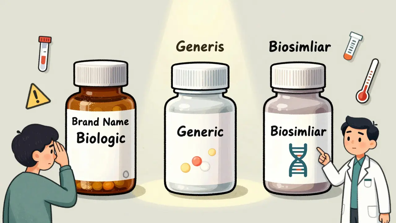 Three medication bottles side by side: brand, generic, and biosimilar, with a pharmacist explaining differences to a confused patient.