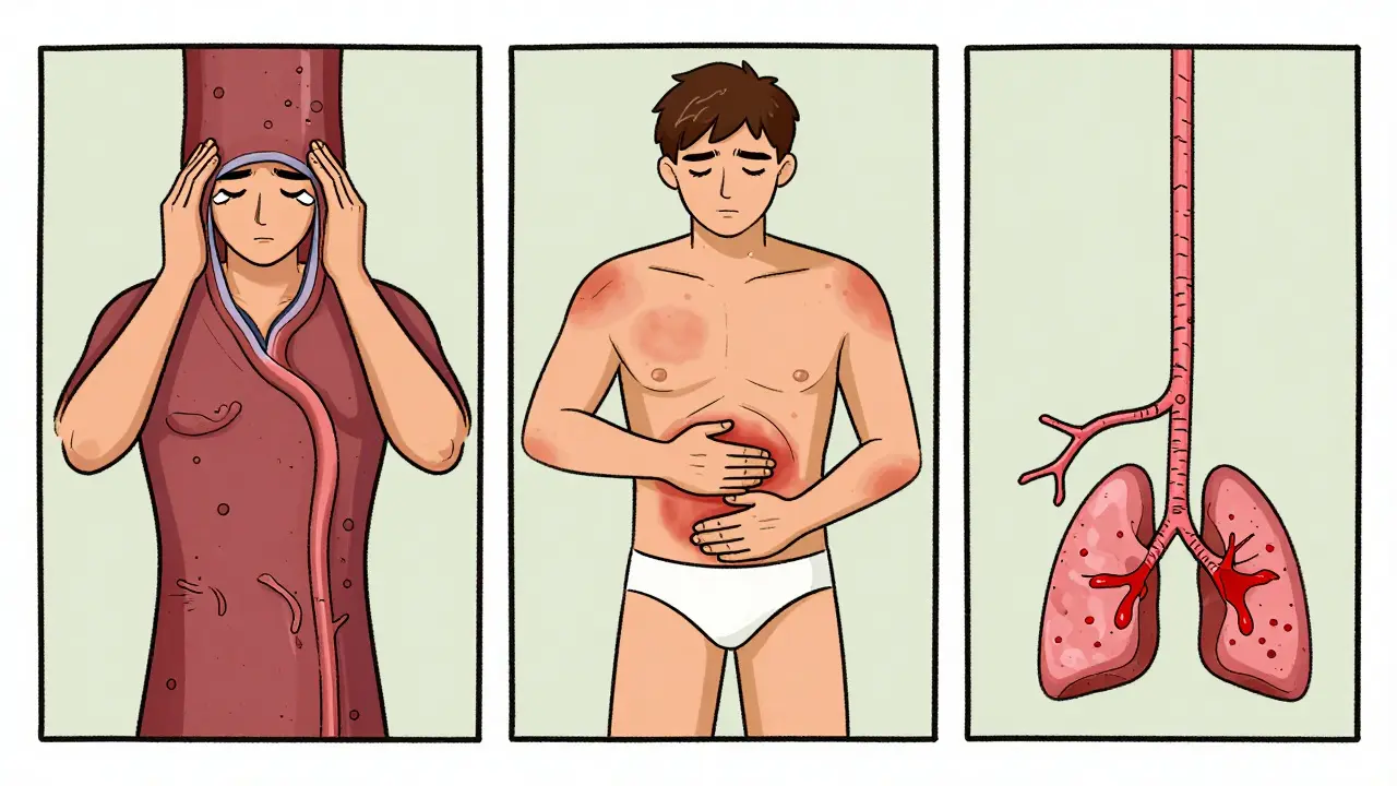 Three-panel illustration of large, medium, and small blood vessel vasculitis symptoms.