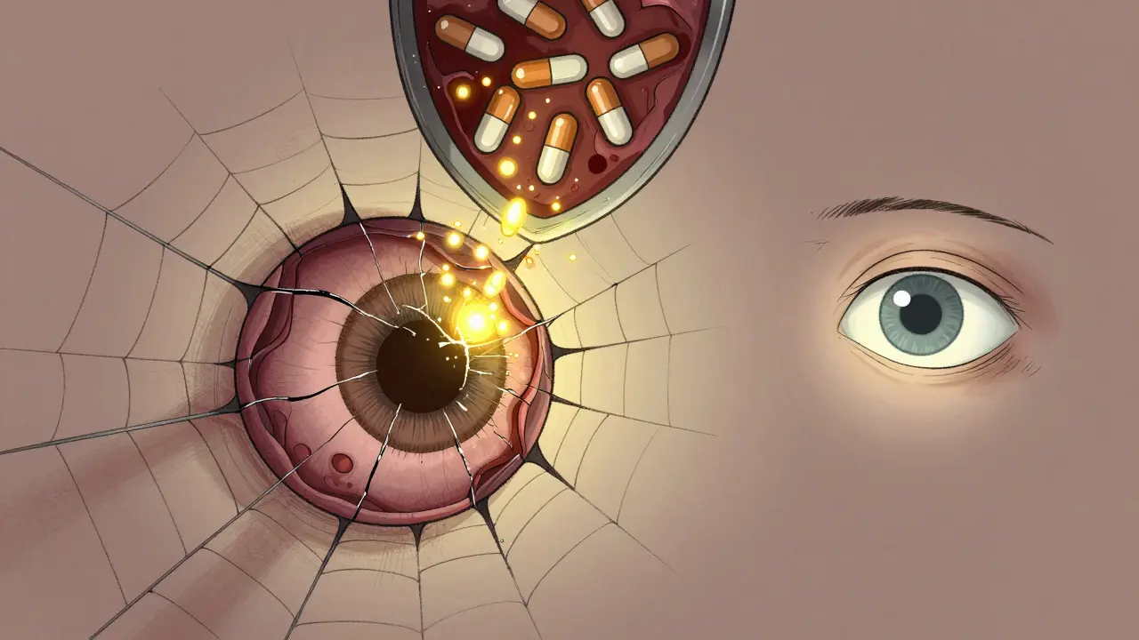 A damaged retina being repaired by glowing steroid molecules, with a second eye healing in background.