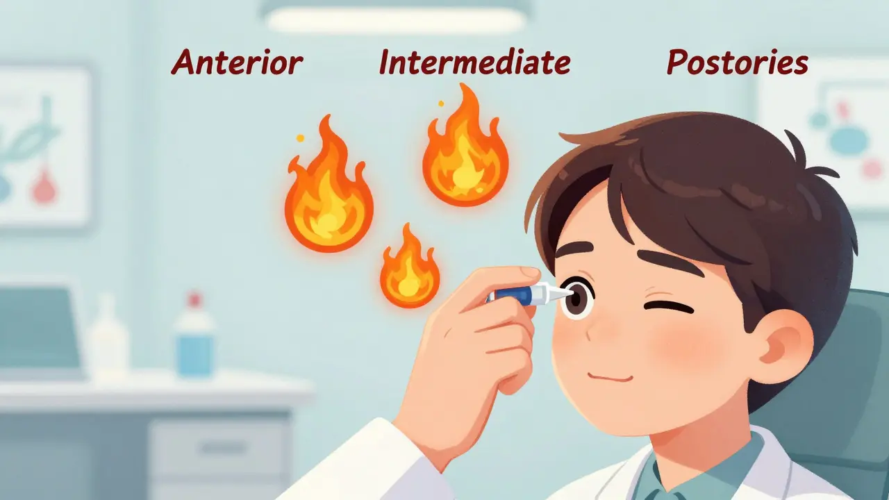 A doctor administering steroid eye drops while three fireballs represent different uveitis types.