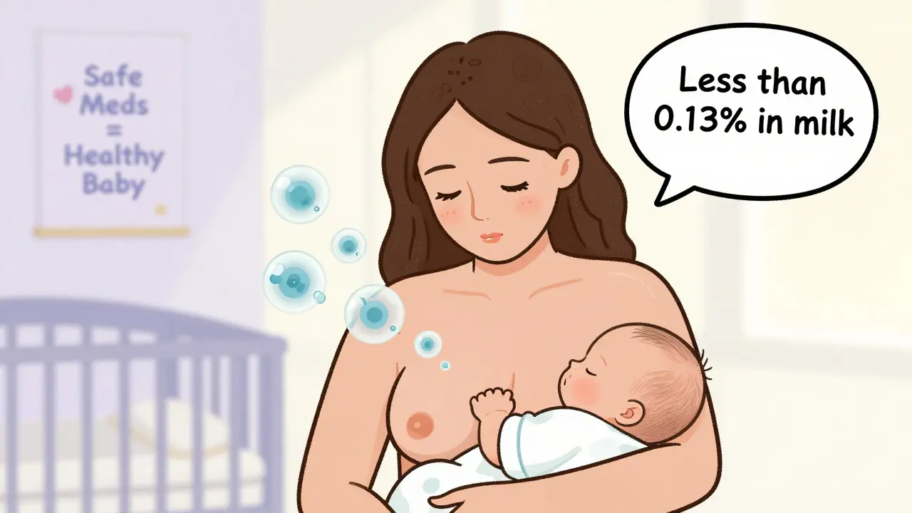 A mother breastfeeds as biologic drug molecules drift away harmlessly, with baby sleeping peacefully nearby.