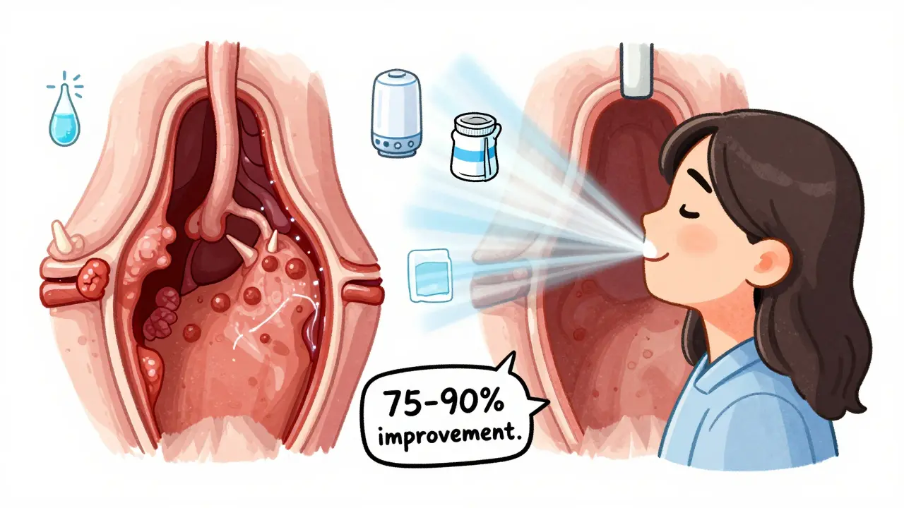 Before-and-after illustration of sinus surgery: blocked sinuses on left, open and clear on right with sunlight streaming through.