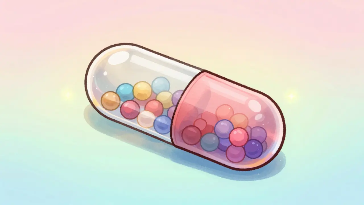 Capsule cutaway showing internal medication beads.
