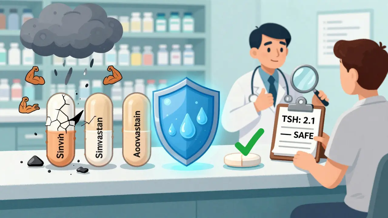 Comparison of statin types with safe and unsafe options for hypothyroid patients, shown in a pharmacy setting with color-coded safety indicators.