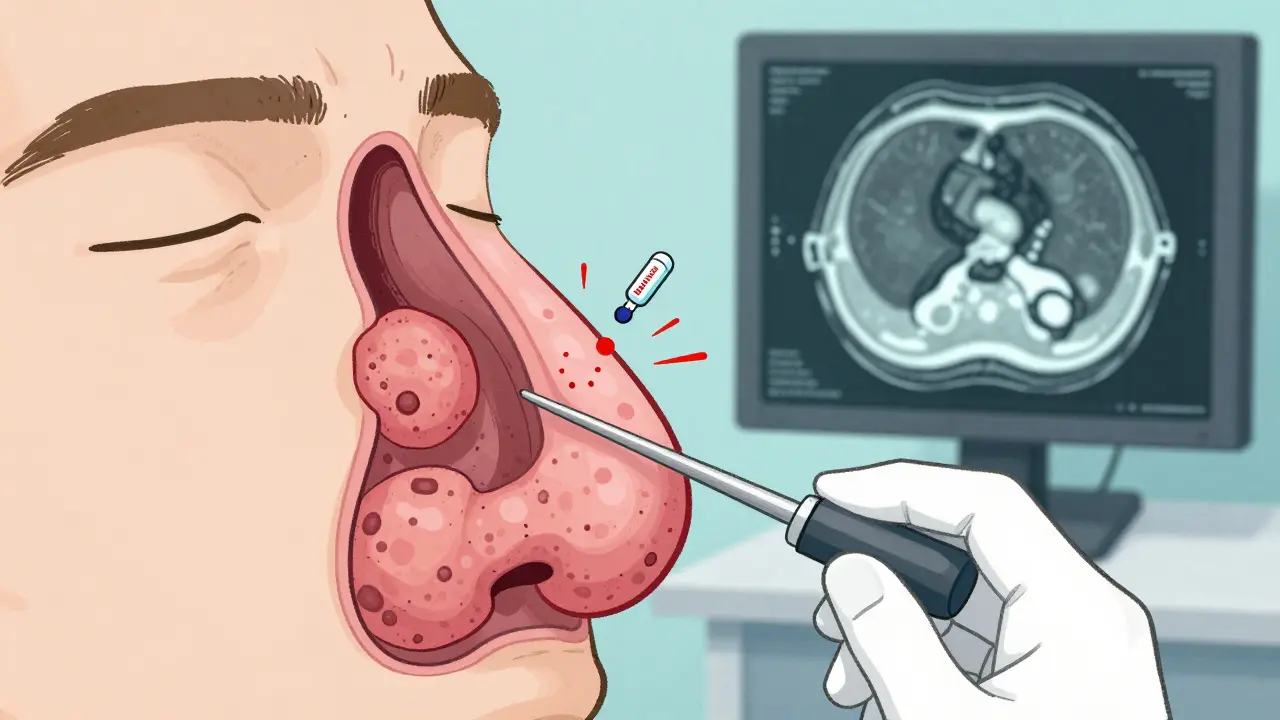 Cross-section of nasal passages showing endoscope navigating inflamed tissue, with nasal polyps and a biologic molecule reducing inflammation.