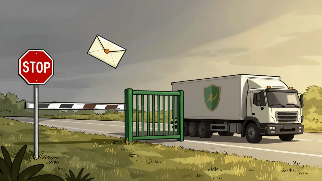 Delivery truck crossing border gate with shield icon