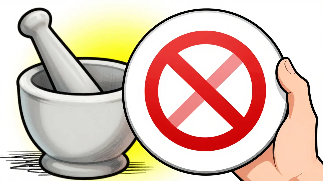 Hand holding pill with crush prohibition symbol.