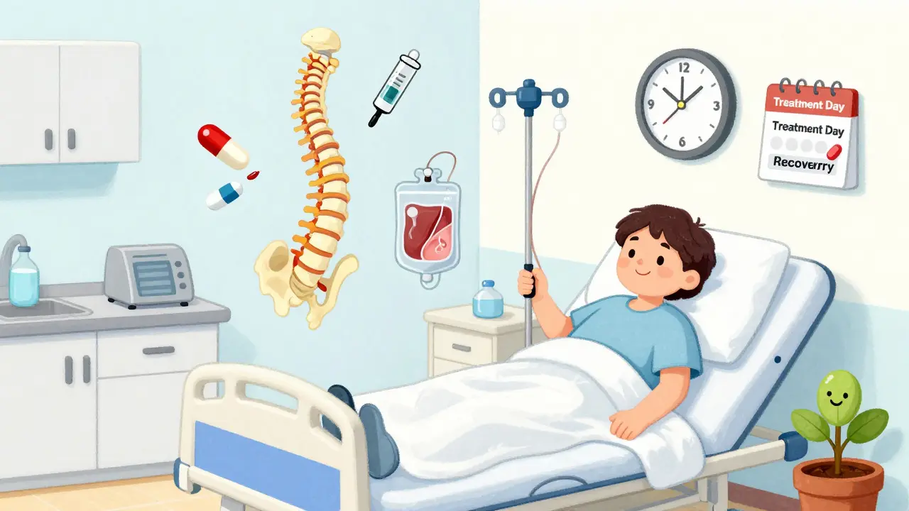 Illustration of a patient receiving IV chemotherapy with icons showing alternative delivery methods like oral pills and spinal injection.