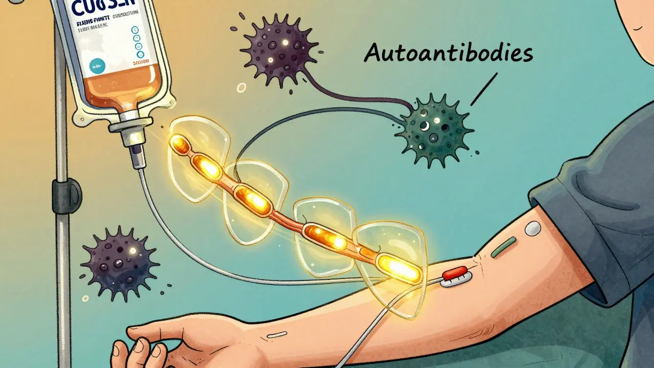 IVIG infusion with golden antibodies blocking attacking immune cells, illustrated in hand-drawn ink and watercolor style.
