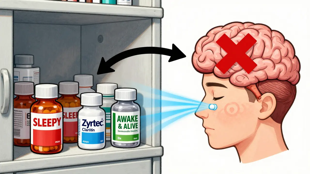 Modern non-drowsy antihistamine pills contrasted with old sleepy ones, showing how they avoid brain effects.