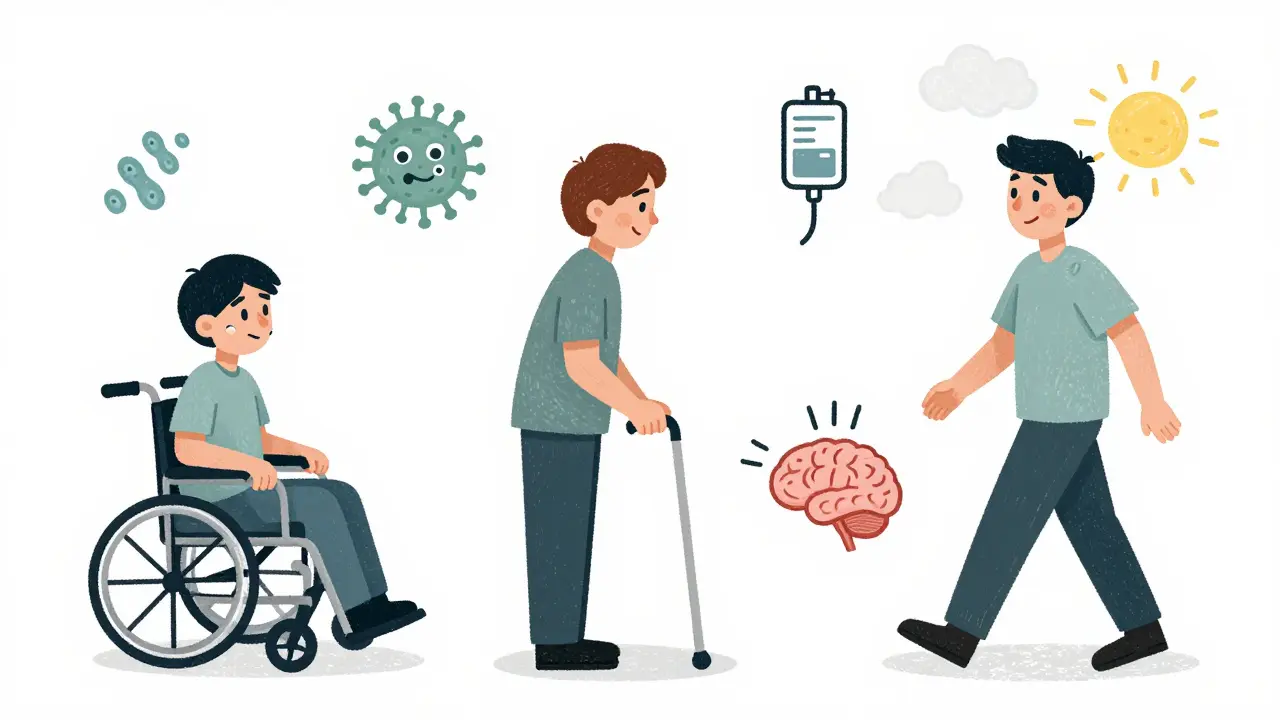 Recovery timeline: from wheelchair to walking with cane, showing progress in Guillain-Barré Syndrome with medical icons.