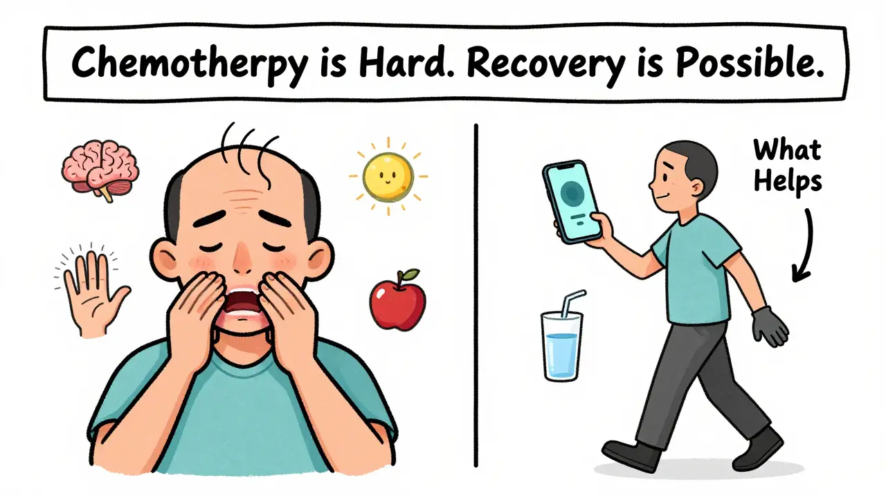Split-panel cartoon: one side shows chemotherapy side effects, the other shows coping strategies like walking, meditation, and hydration.
