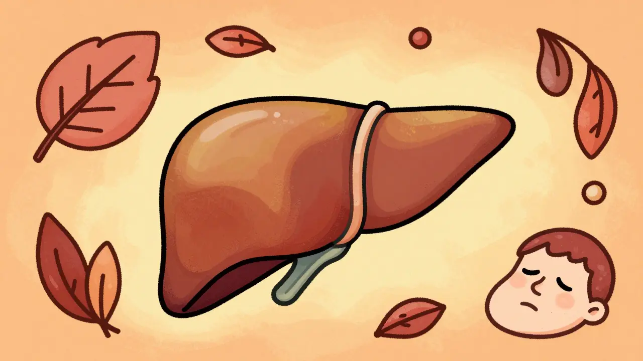 Stylized liver showing yellow tint representing jaundice symptoms.