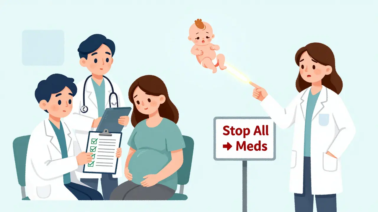 Two specialists consult a pregnant woman alongside a misguided doctor, showing collaborative vs. outdated care.