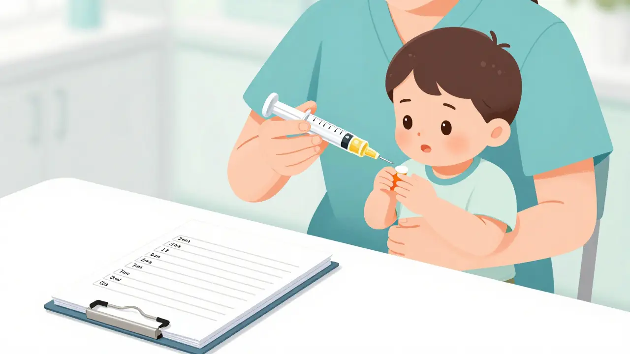 A caregiver safely giving medicine to a child using a dosing syringe.