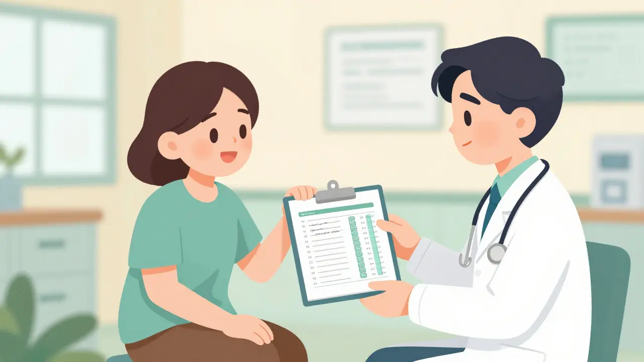A patient showing a detailed symptom log to their doctor during a medical consultation.