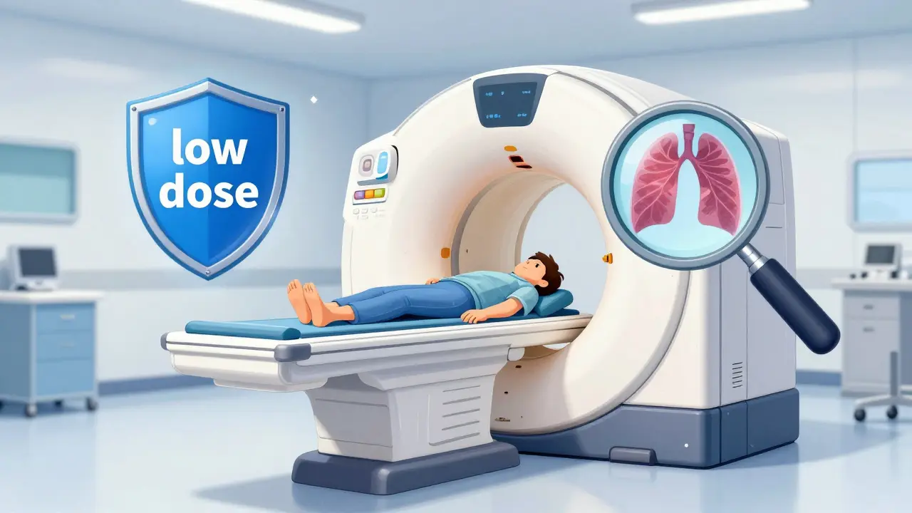 A patient undergoing a low-dose CT scan in a modern medical facility.