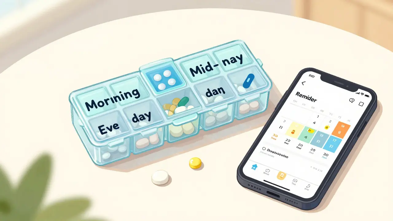 A pill organizer, smartphone app, and a daily medication timeline map