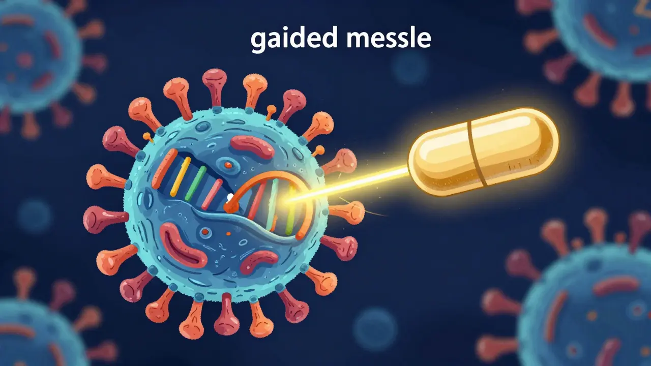 A targeted therapy drug capsule precisely attacking a cancer cell.