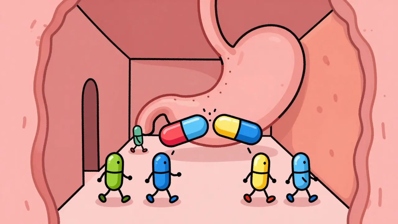 Cartoon pills sticking together in a narrow hallway representing the stomach