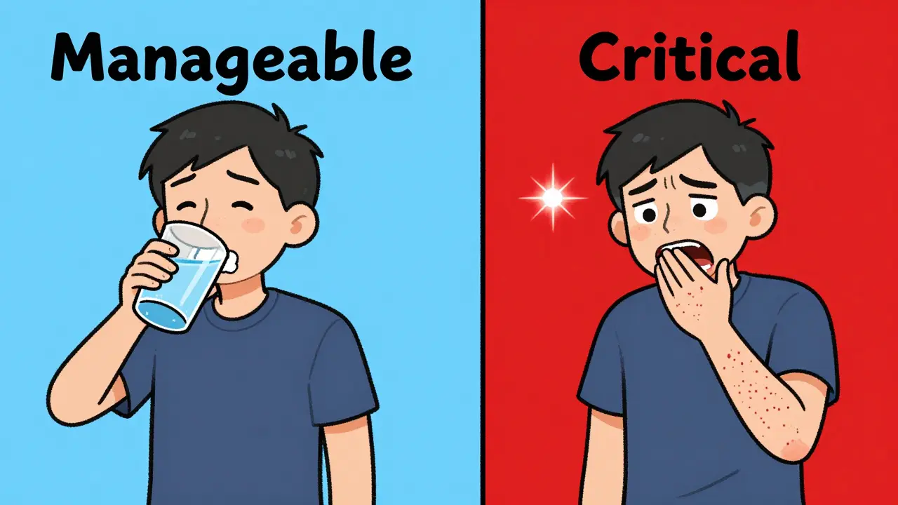 Comparison between a manageable side effect like dry mouth and a severe allergic reaction.