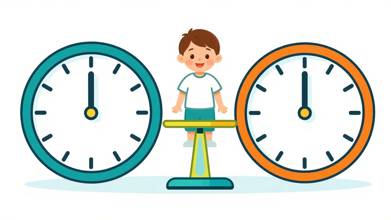 Comparison of medication timing and a child on a digital scale for weight-based dosing.